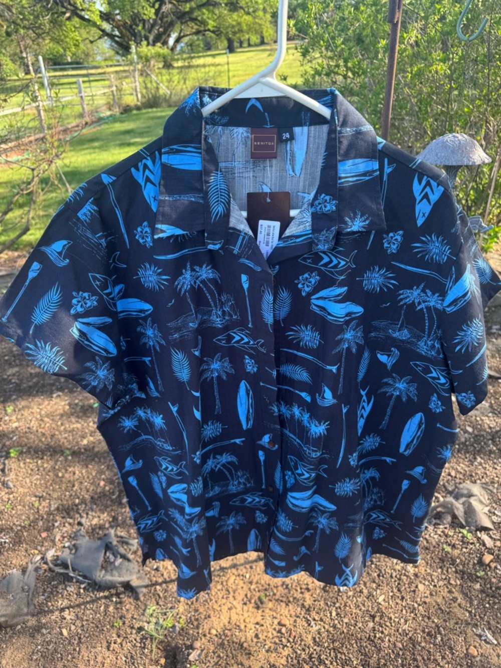 Senitoa Black and Blue Traditional Ladies collared shirt with fun design.